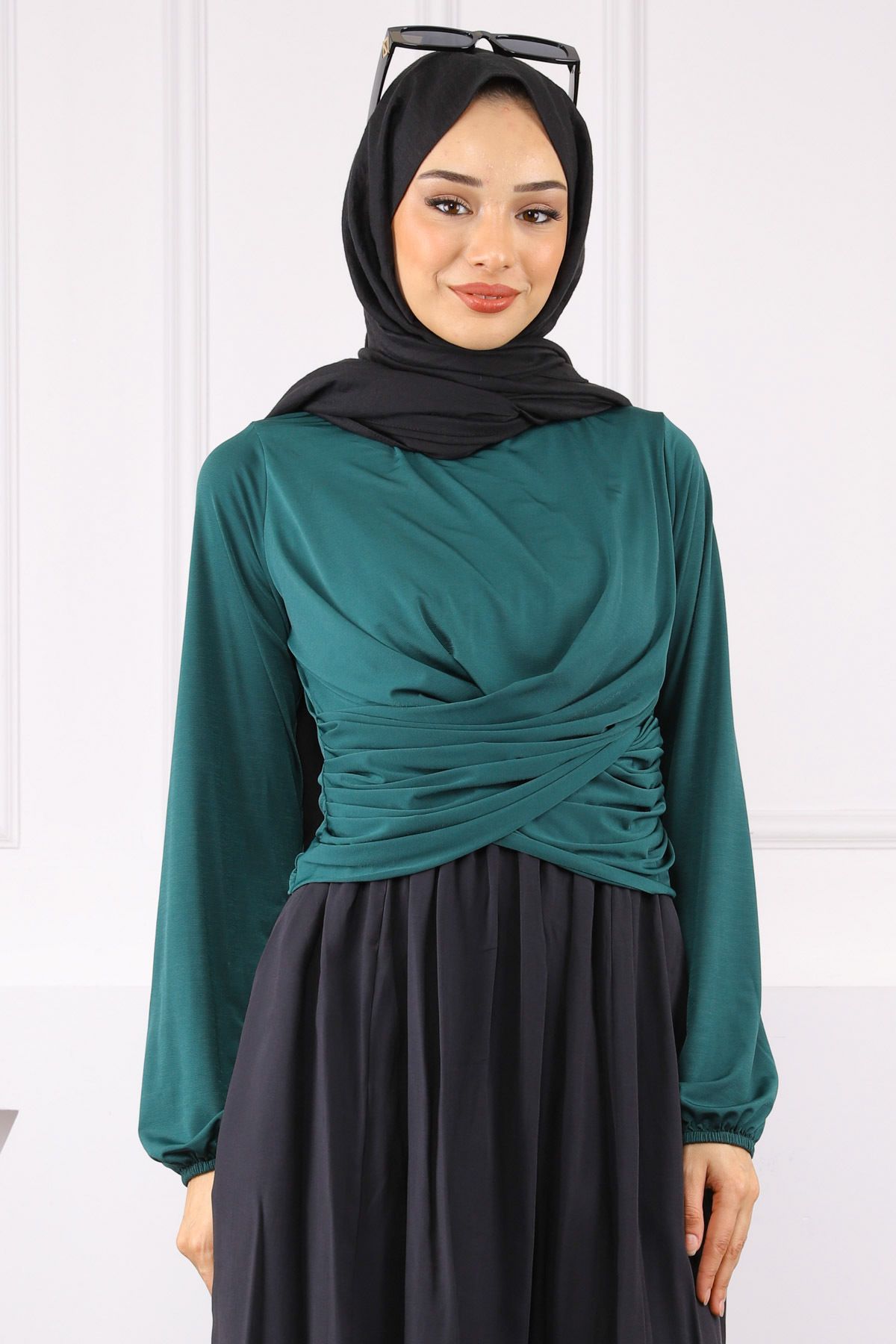 İmajButik Zümrüt Çapraz Drape Detaylı Sandy Bluz