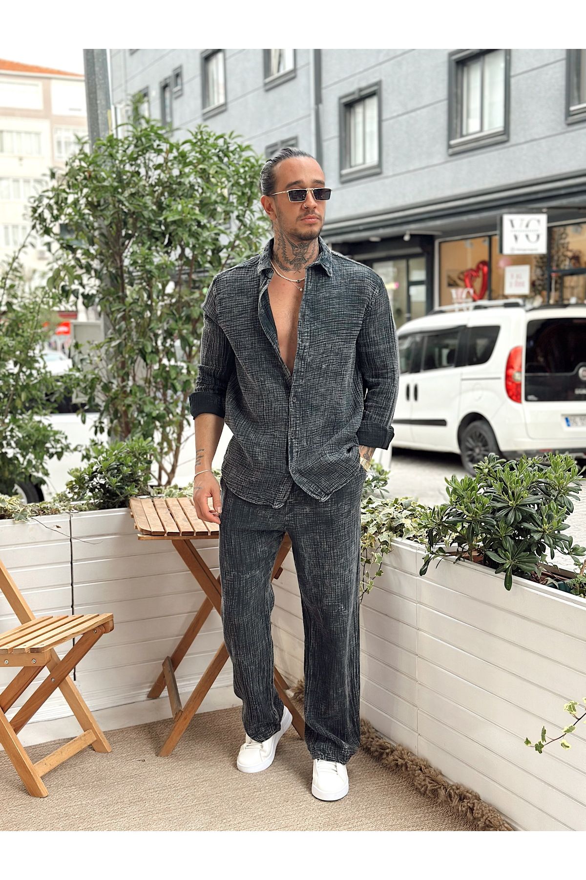 manch collection Yıkamalı Müslin Gömlek Pantolon Takım siyah
