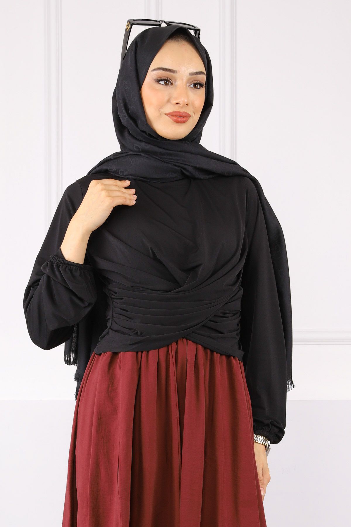 İmajButik Siyah Çapraz Drape Detaylı Sandy Bluz