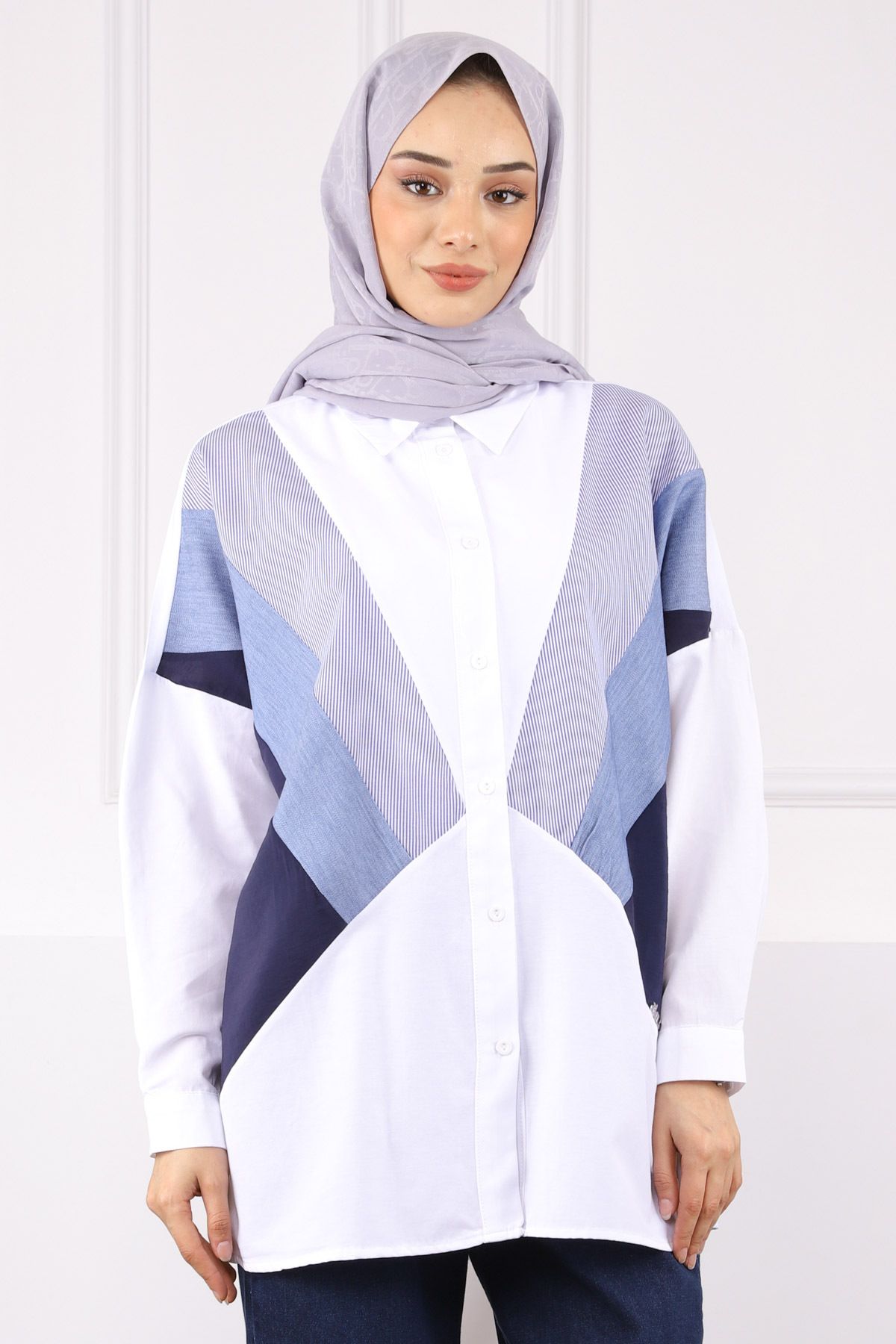 İmajButik Ekru Garnili Çizgili Gömlek