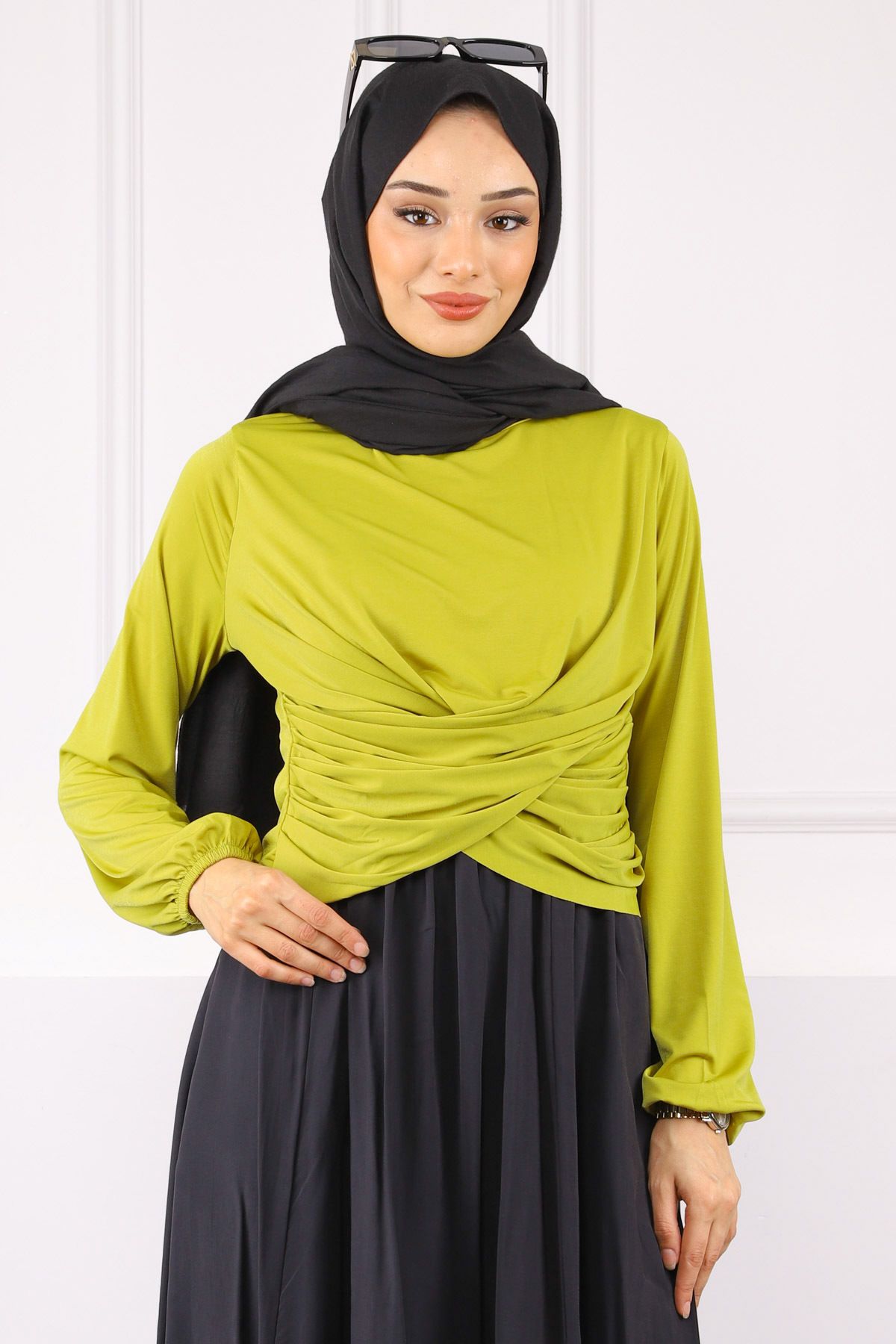 İmajButik Yağ Yeşili Çapraz Drape Detaylı Sandy Bluz