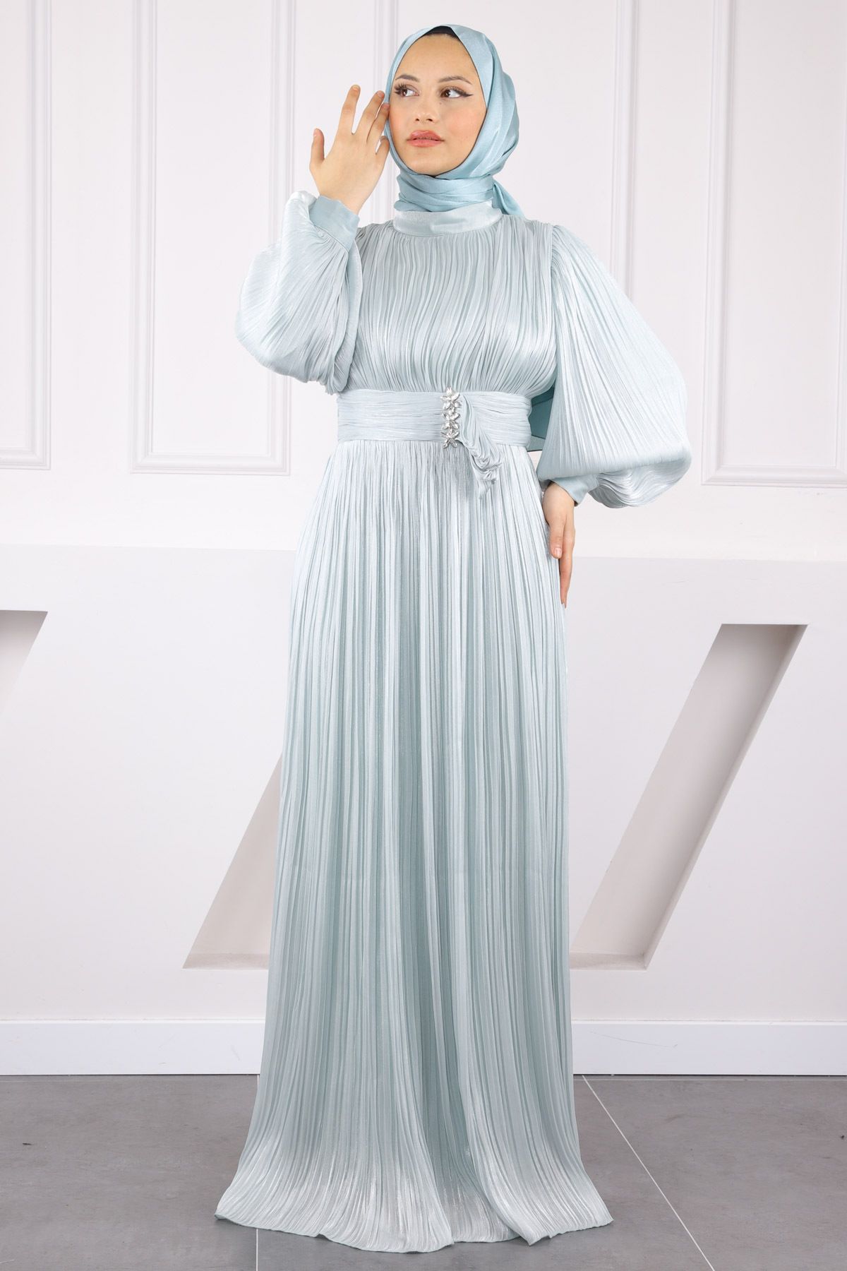 İmajButik Mint Piliseli Taşlı Şifon Abiye