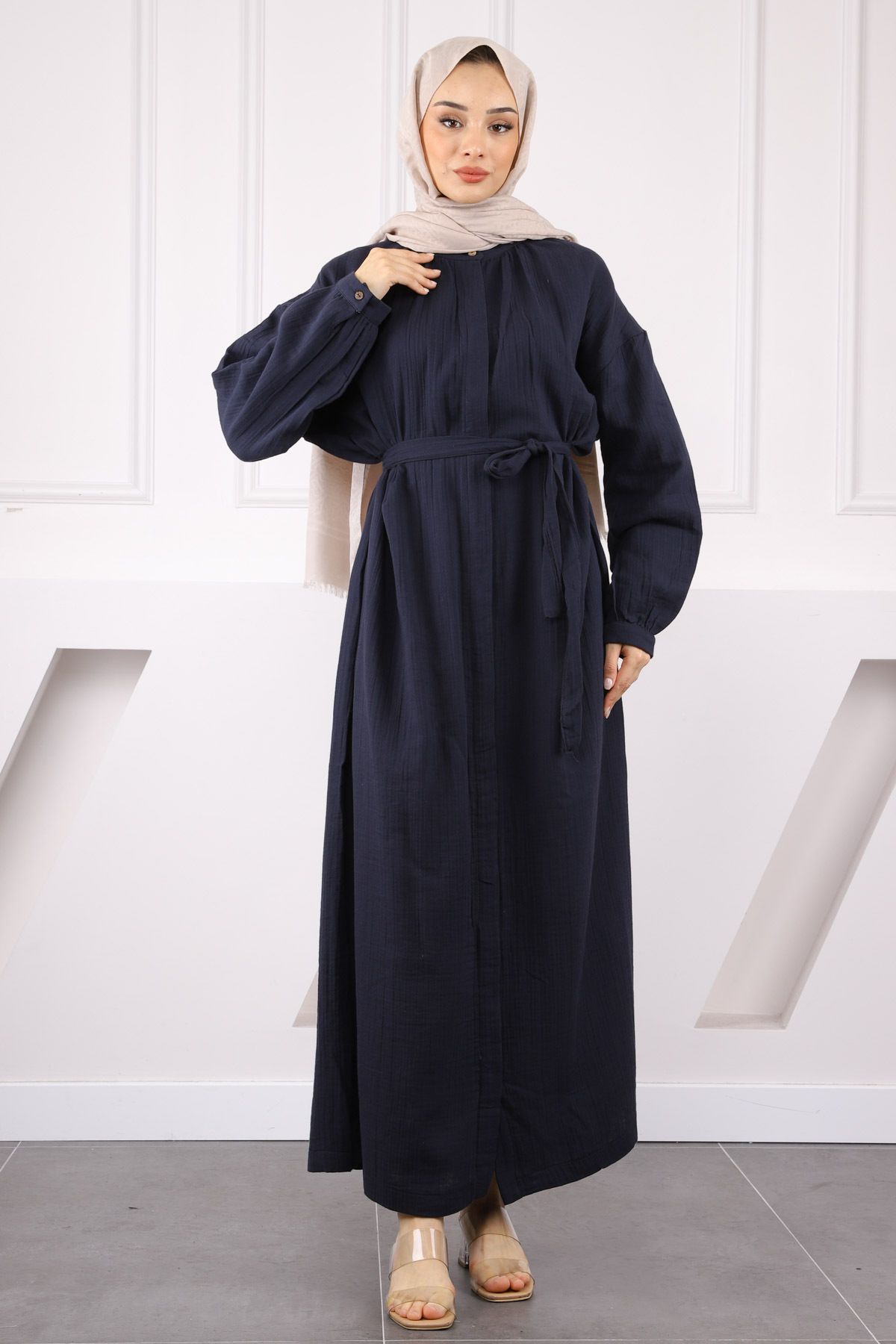 İmajButik Lacivert Bel Kuşaklı Müslin Elbise