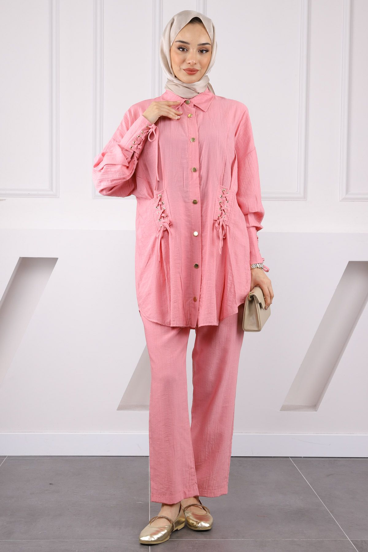İmajButik Pembe Kolu Ve Beli Bağcıklı Modal Tunik Pantolonlu Takım