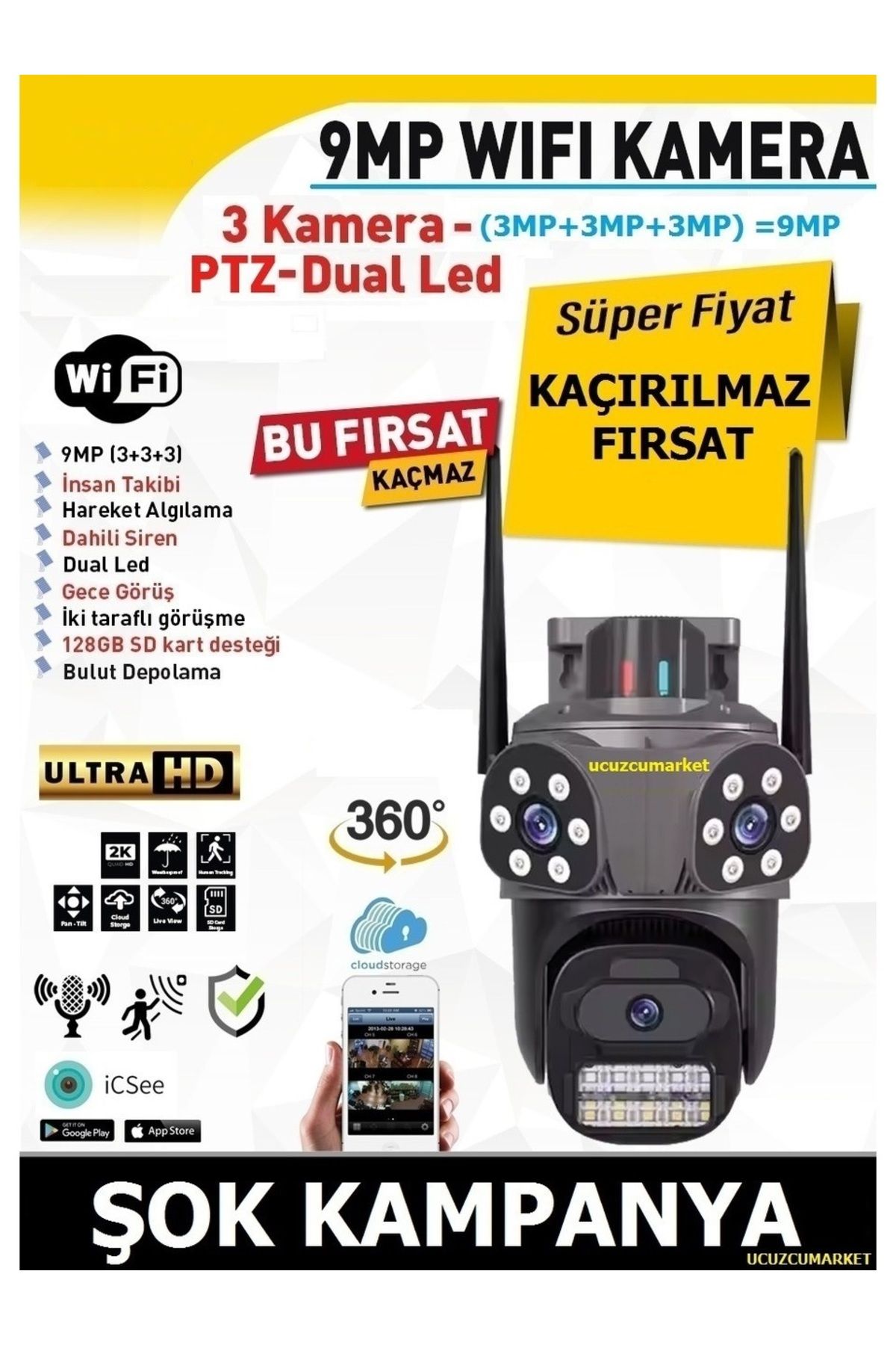 Uygun Üç Kameralı Speed Wifi Kamera (Alarm Siren- Uzaktan izleme-Kayıt Etme-Gece Görüş-Hareket Algılama)