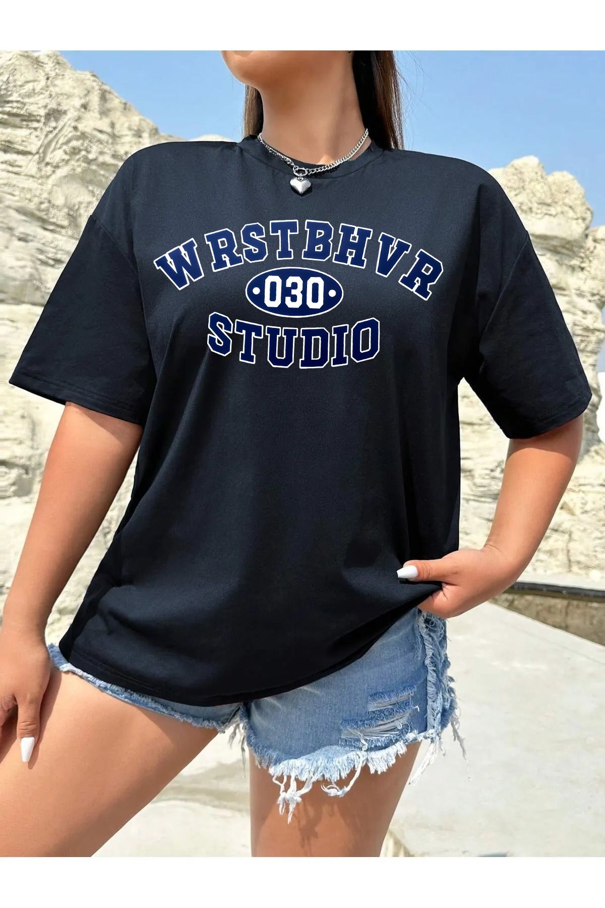 memowear Unisex WRST 030 Baskılı Rahat Kesim Lacivert T-Shirt
