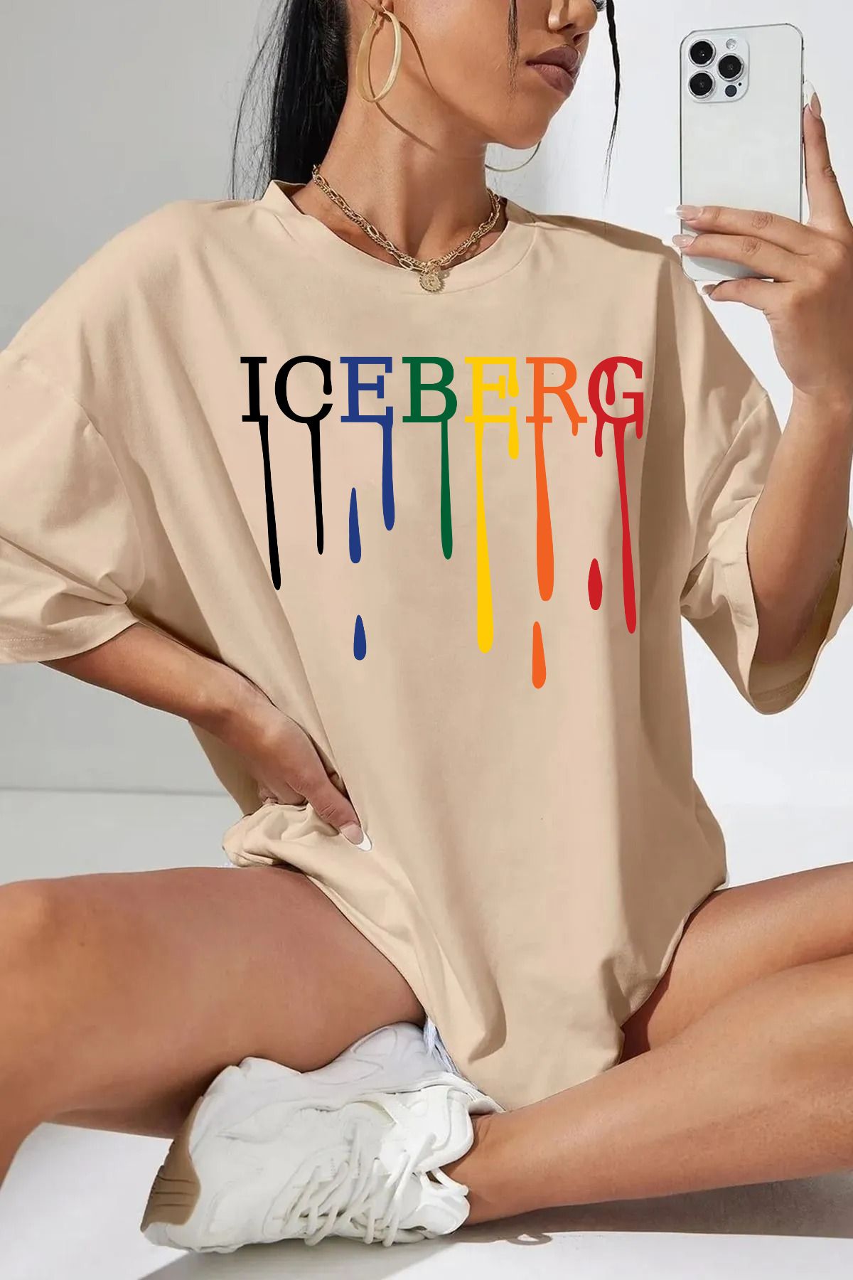 yueswear Unisex İceberg Baskılı Rahat Kesim Bej T-Shirt