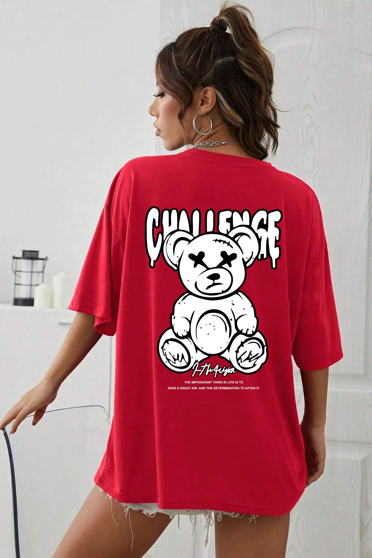 qavnas Unisex Challenge Bear Baskılı Rahat Kesim Kırmızı T-Shirt