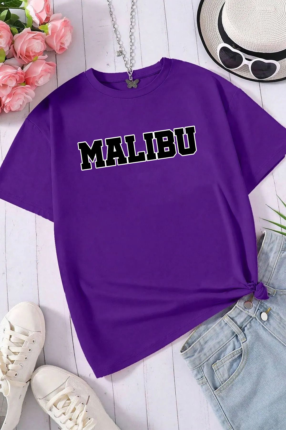 memowear Unisex Malibu Baskılı Rahat Kesim Mor T-Shirt