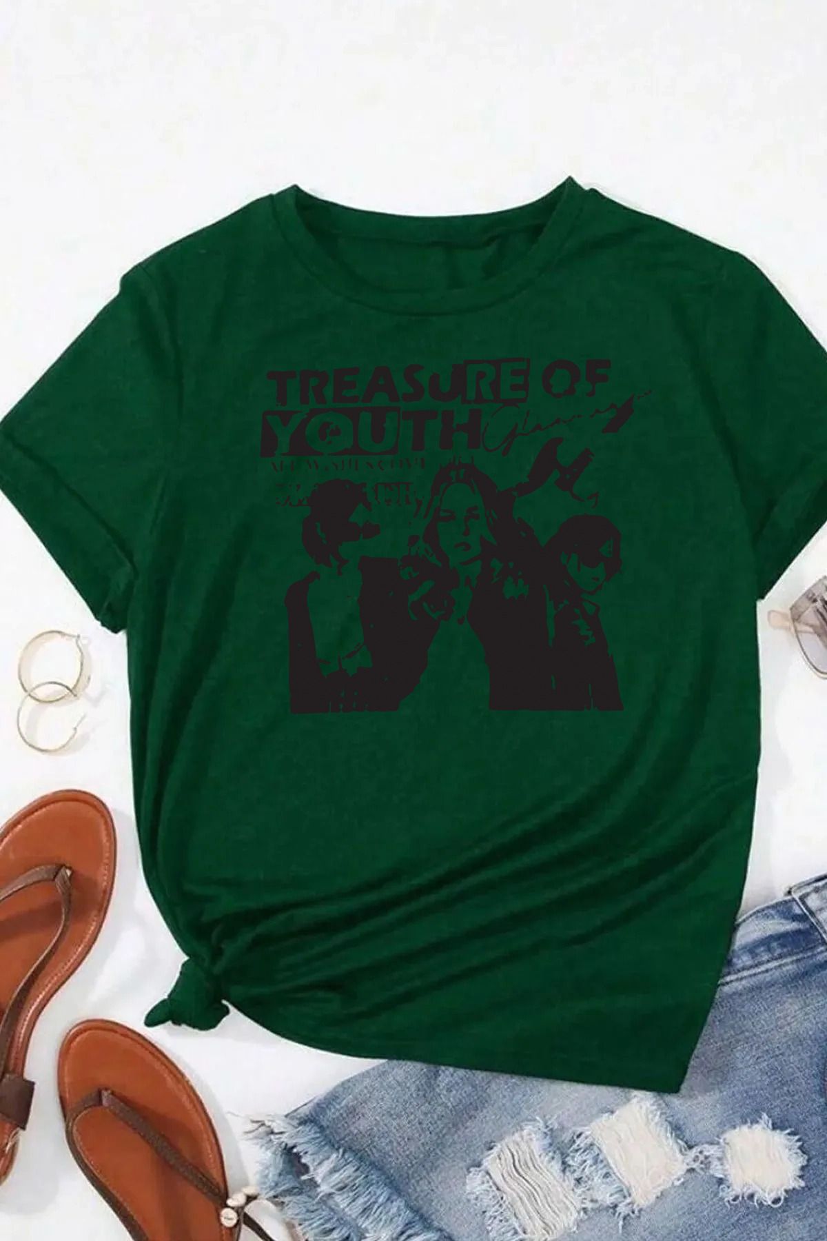 qavnas Unisex Treasure Baskılı Rahat Kesim Yeşil T-Shirt