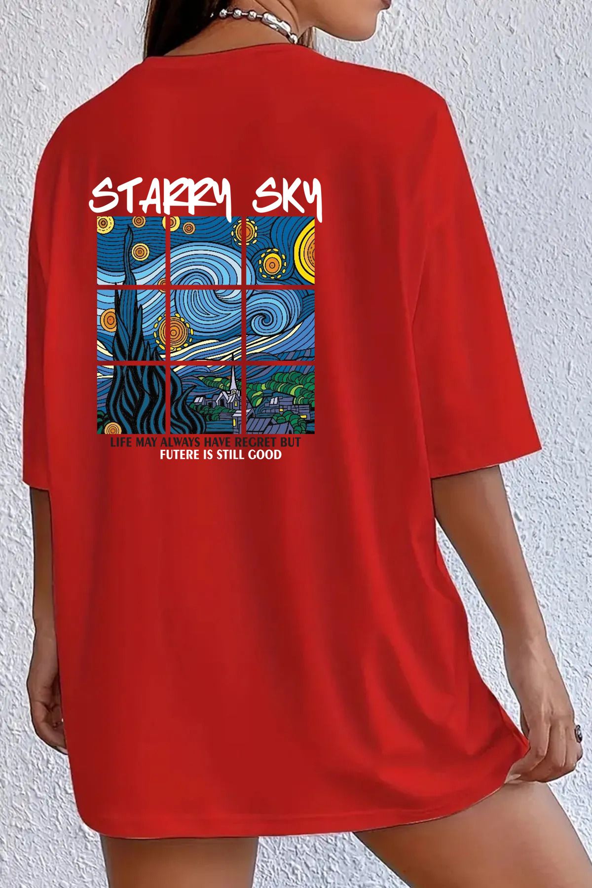 memowear Unisex Starry SKY Baskılı Rahat Kesim Kırmızı T-Shirt
