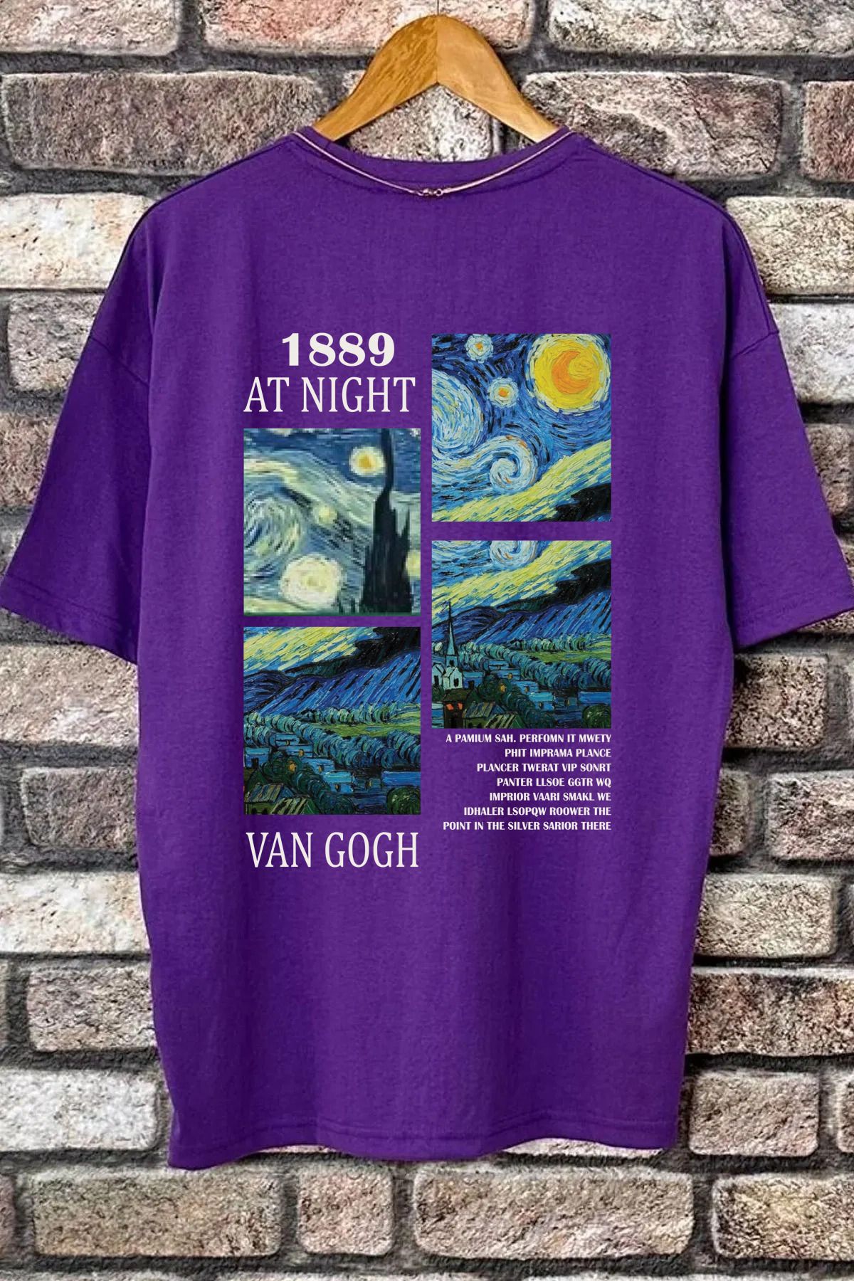 memowear Unisex 1889 Vangogh Baskılı Rahat Kesim Mor T-Shirt
