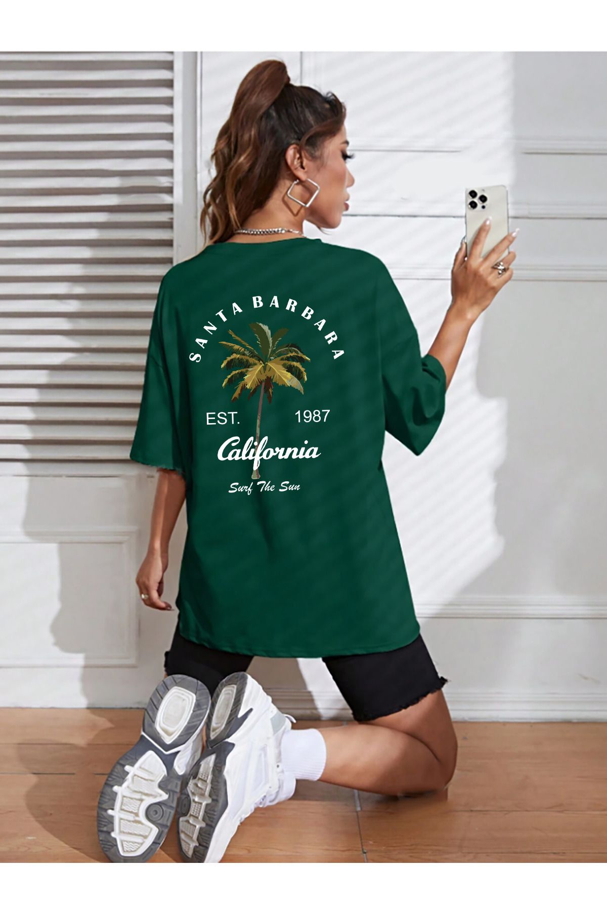 halowear Unisex Santa Barbara Baskılı Rahat Kesim Yeşil T-Shirt