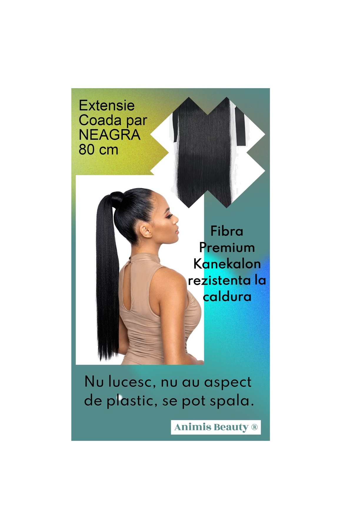 animis beauty-Black ponytail, 85 cm, Premium fiber with natural look, long, straight hair, with side strand 2