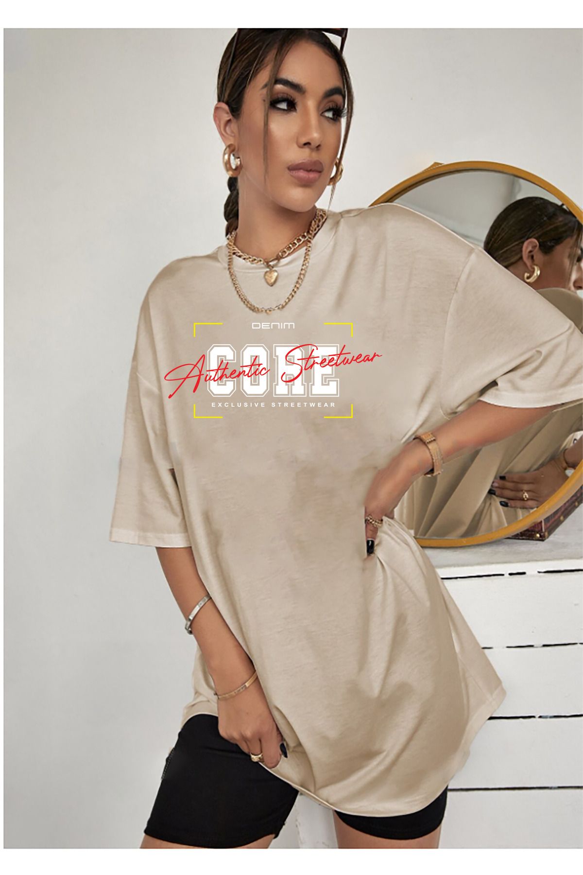 memowear Unisex Core Baskılı Rahat Kesim Bej T-Shirt
