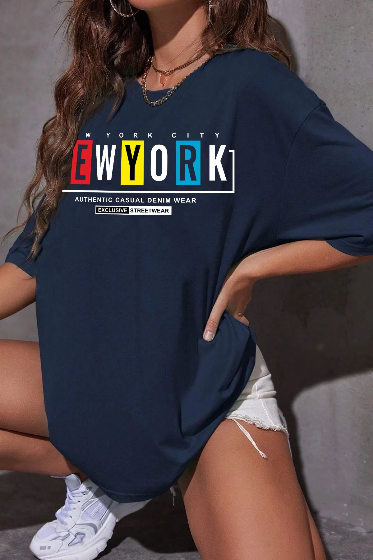 qavnas Unisex Newyork Baskılı Rahat Kesim Lacivert T-Shirt