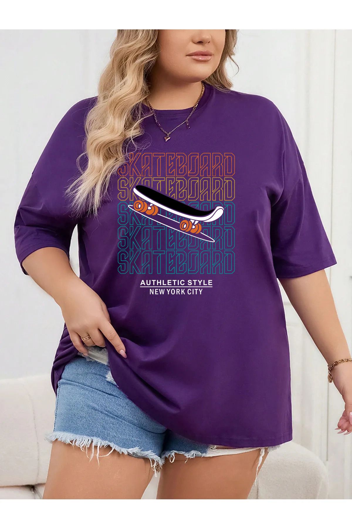 memowear Unisex Skate Baskılı Rahat Kesim Mor T-Shirt