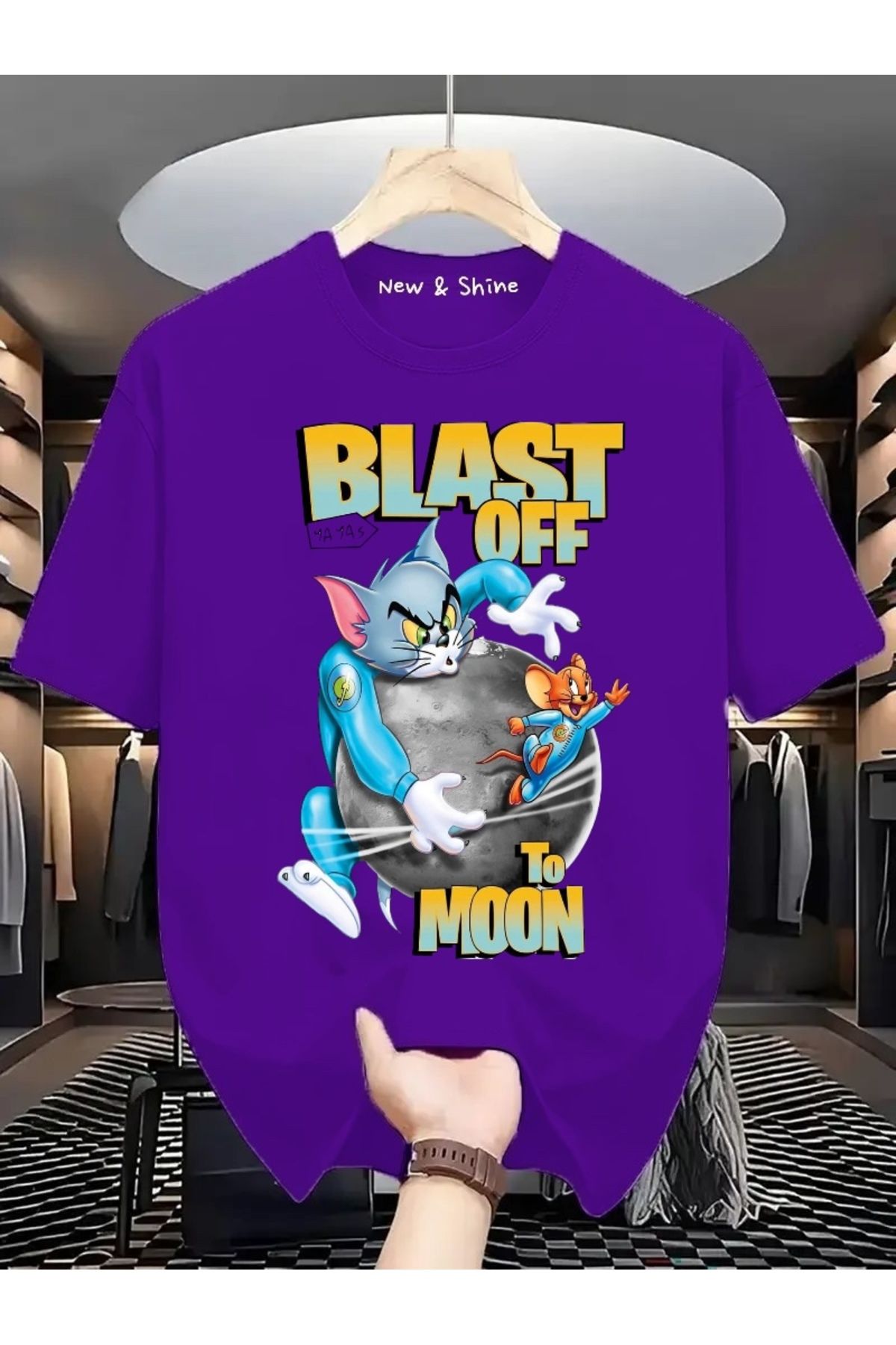New Shine Blast Off To Moon Tom ve Jerry Baskılı Büyük Beden Oversize T-Shirt