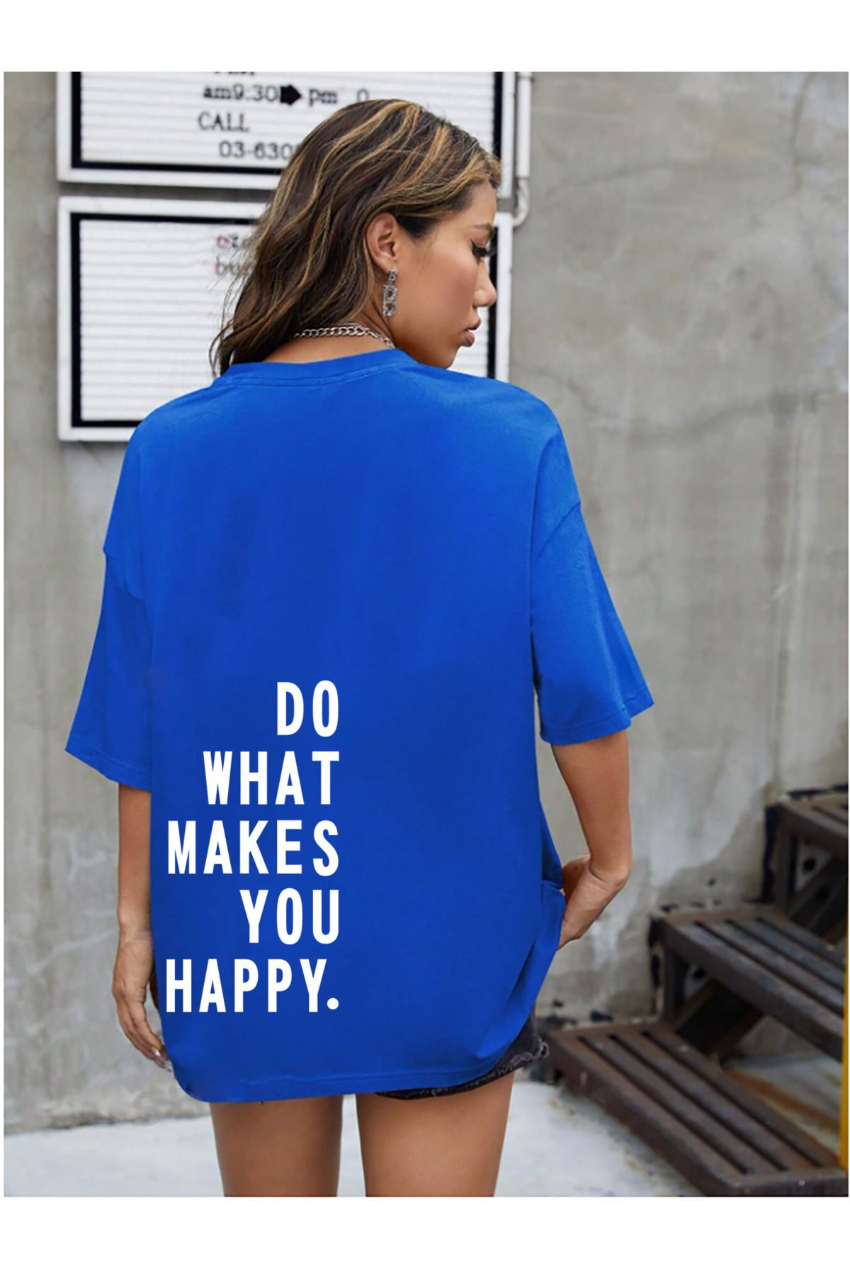 qavnas Unisex Do What Makes You Happy Baskılı Rahat Kesim Sax-Mavi T-Shirt