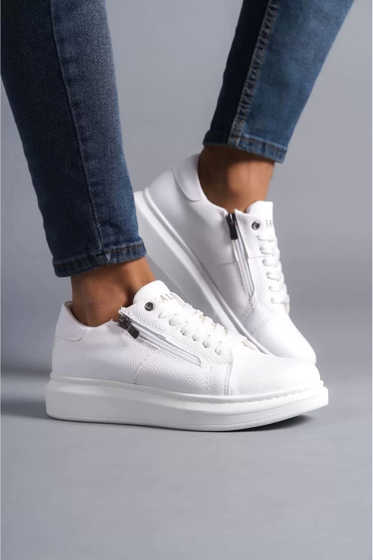 BİCANS SLW155 Warrior Bağcıklı ve Fermuarlı Cilt Erkek Günlük Sneaker Ayakkabı CBT - Beyaz
