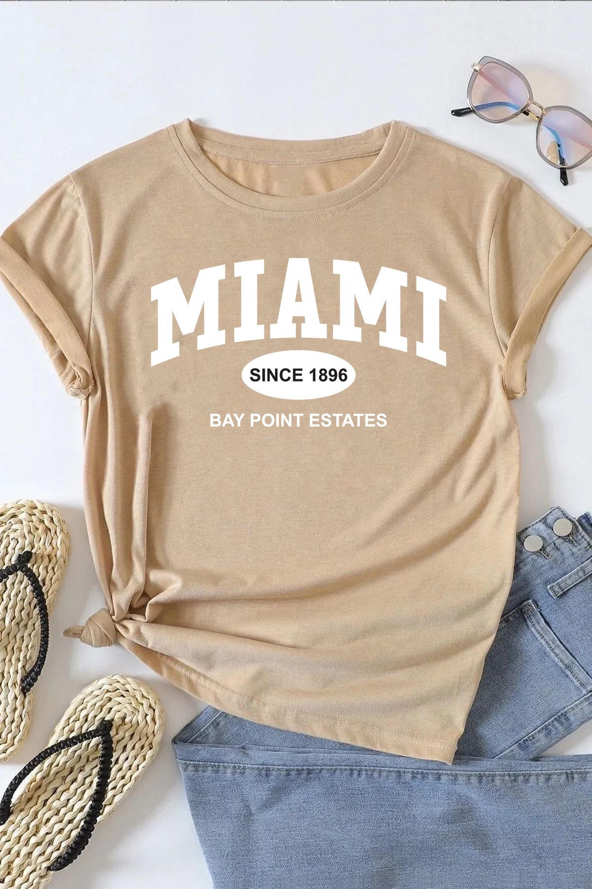 qavnas Unisex Miami Baskılı Rahat Kesim Bej T-Shirt