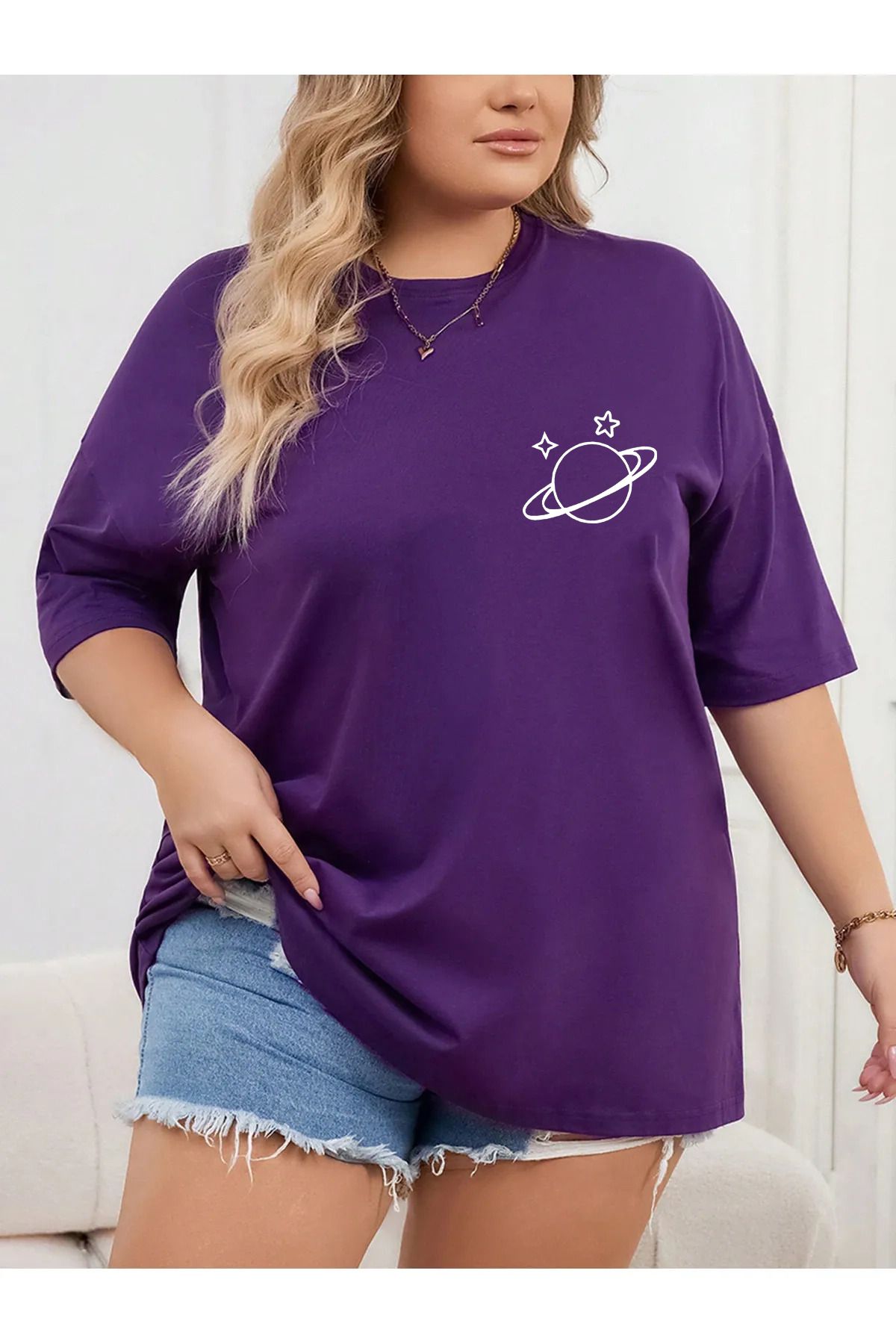 qavnas Unisex Satürn Baskılı Rahat Kesim Mor T-Shirt