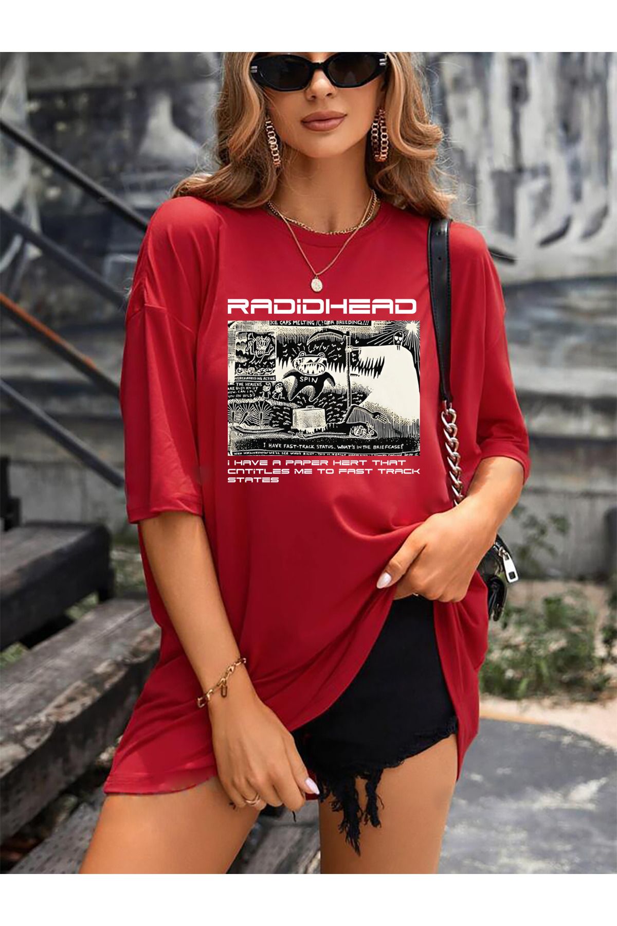 halowear Unisex Radid Head Baskılı Rahat Kesim Kırmızı T-Shirt