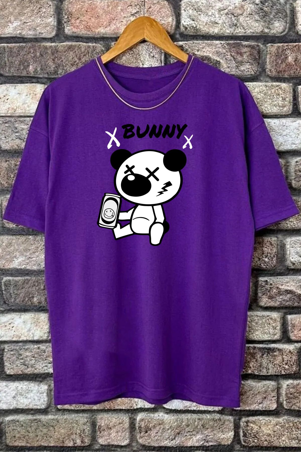 qavnas Unisex Bunny Baskılı Rahat Kesim Mor T-Shirt