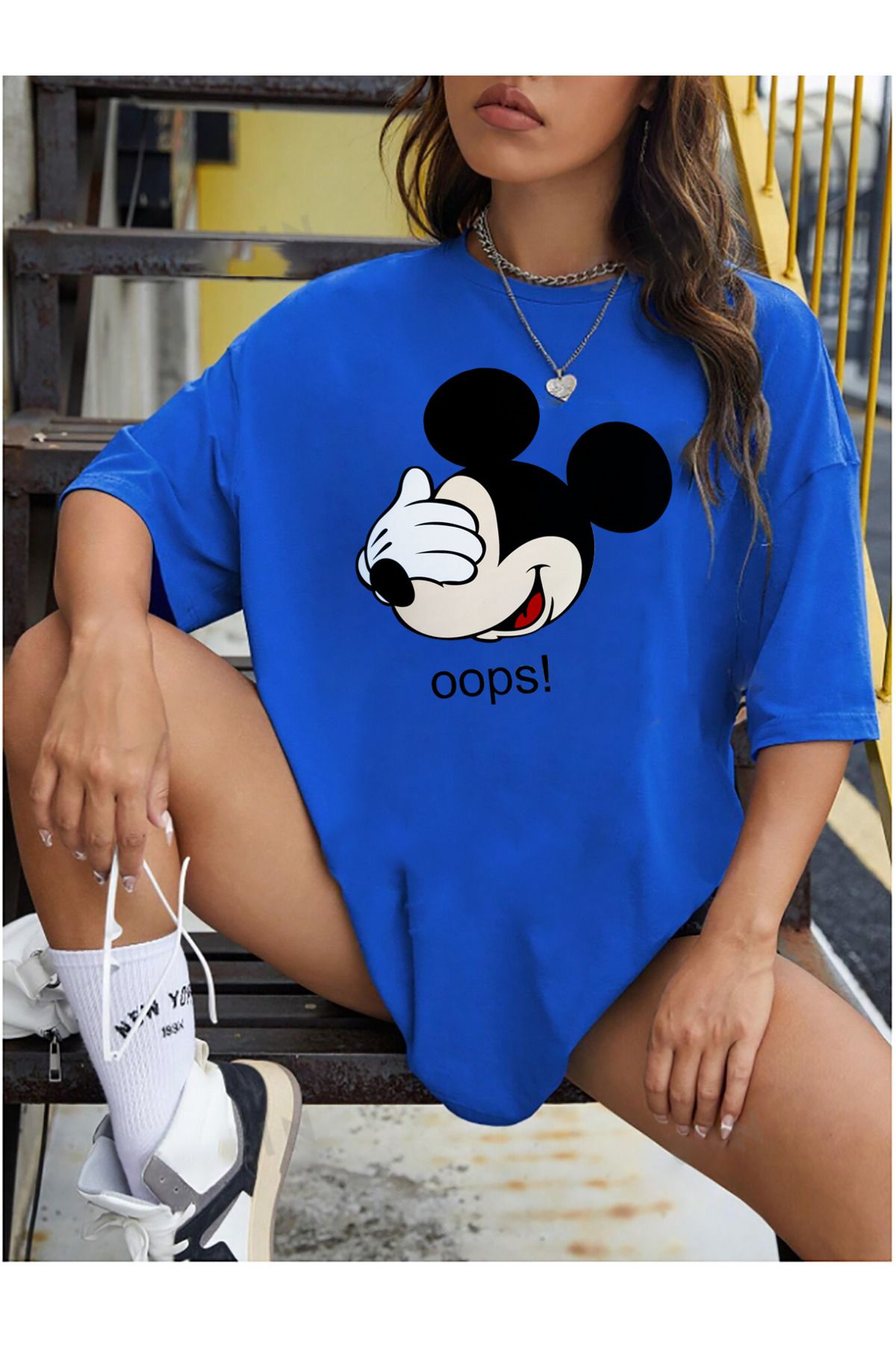 memowear Unisex Oops! Baskılı Rahat Kesim Sax-Mavi T-Shirt