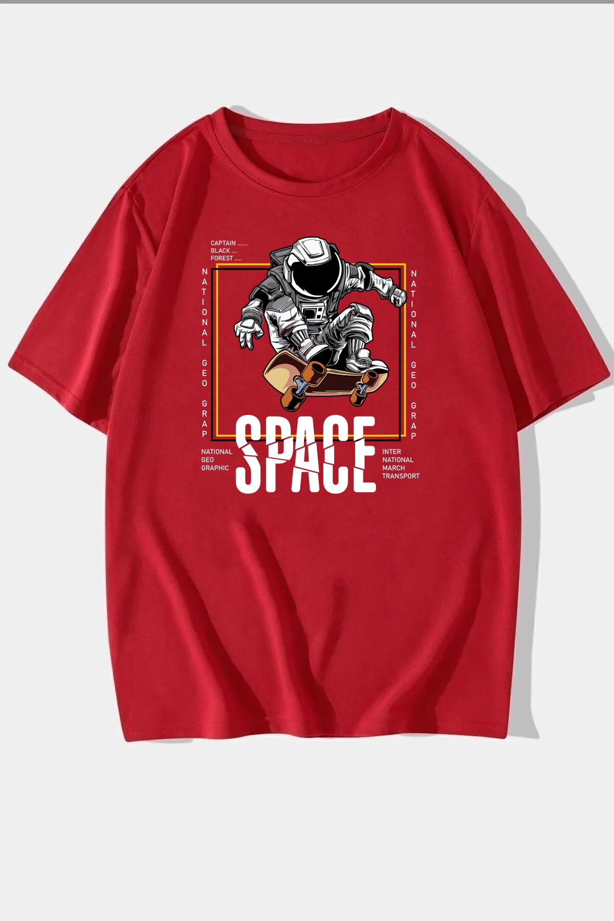qavnas Unisex Space Baskılı Rahat Kesim Kırmızı T-Shirt