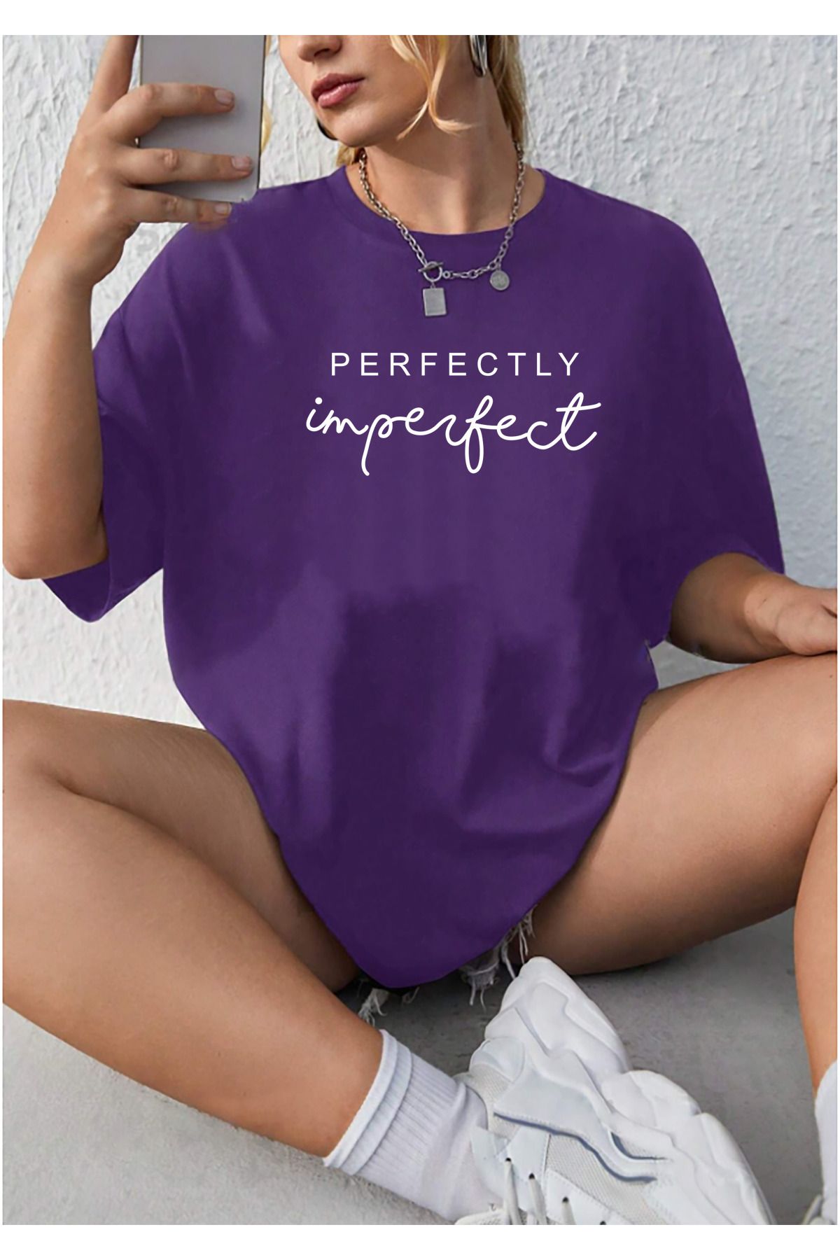 qavnas Unisex Perfectly Baskılı Rahat Kesim Mor T-Shirt