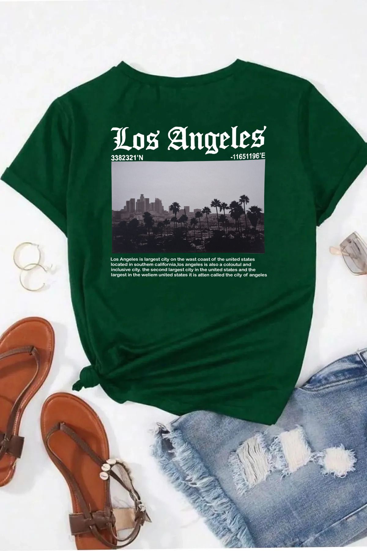 qavnas Unisex Los Angeles Baskılı Rahat Kesim Yeşil T-Shirt