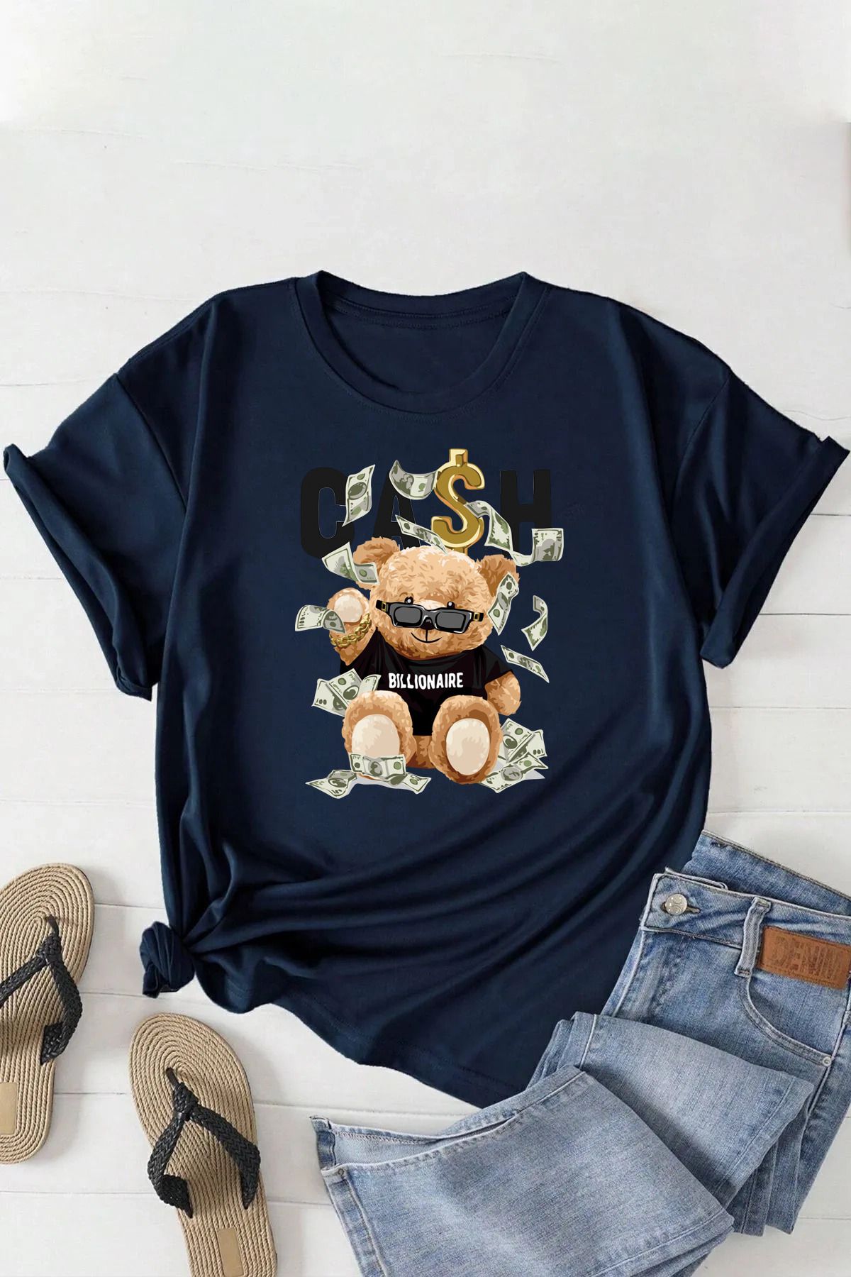 qavnas Unisex Cash Bear Baskılı Rahat Kesim Lacivert T-Shirt