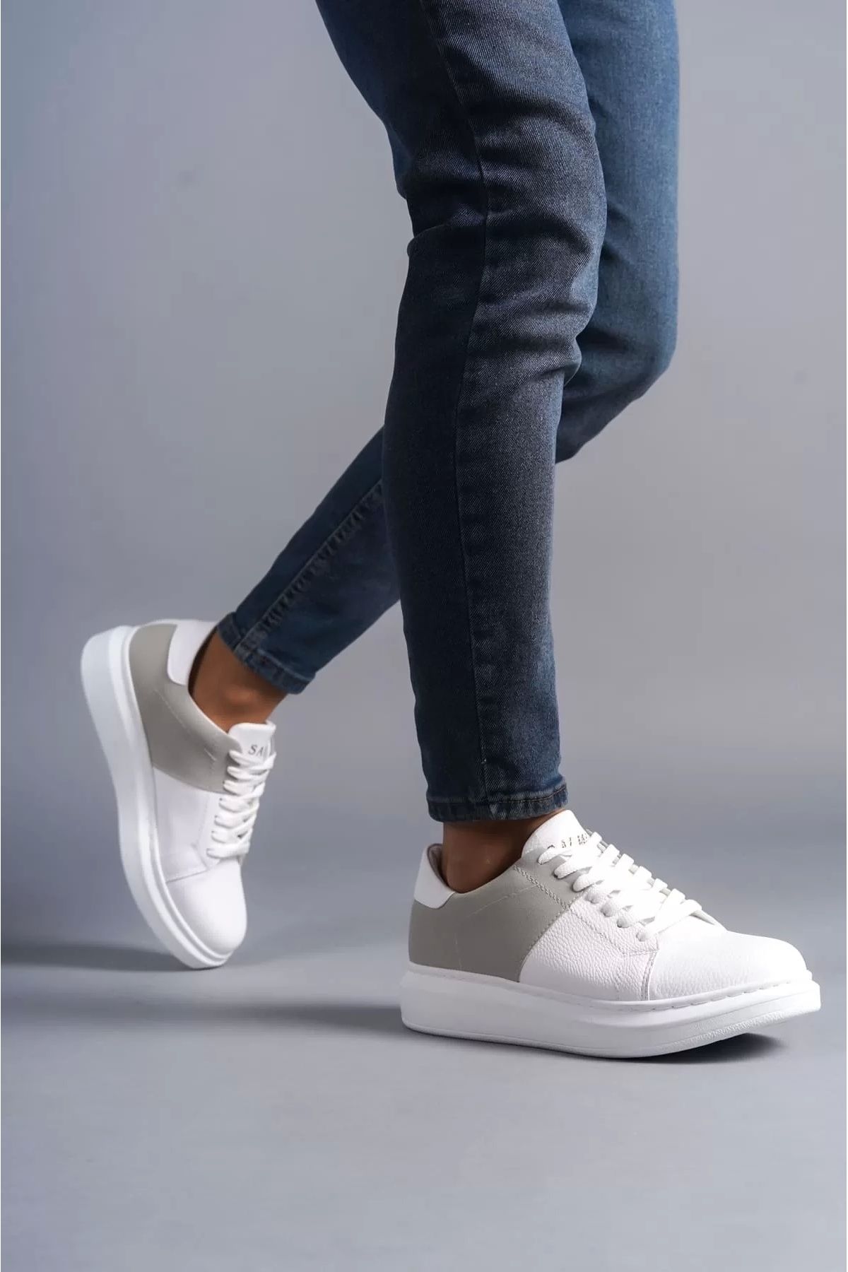 BİCANS SLW151 Boost Bağcıklı Cilt Süet Erkek Günlük Sneaker Ayakkabı CSBT - Beyaz/Gri