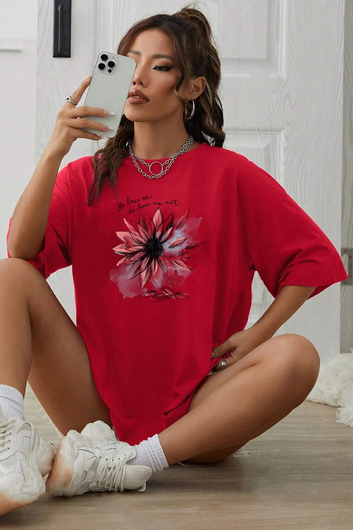 halowear Unisex He Love Baskılı Rahat Kesim Kırmızı T-Shirt