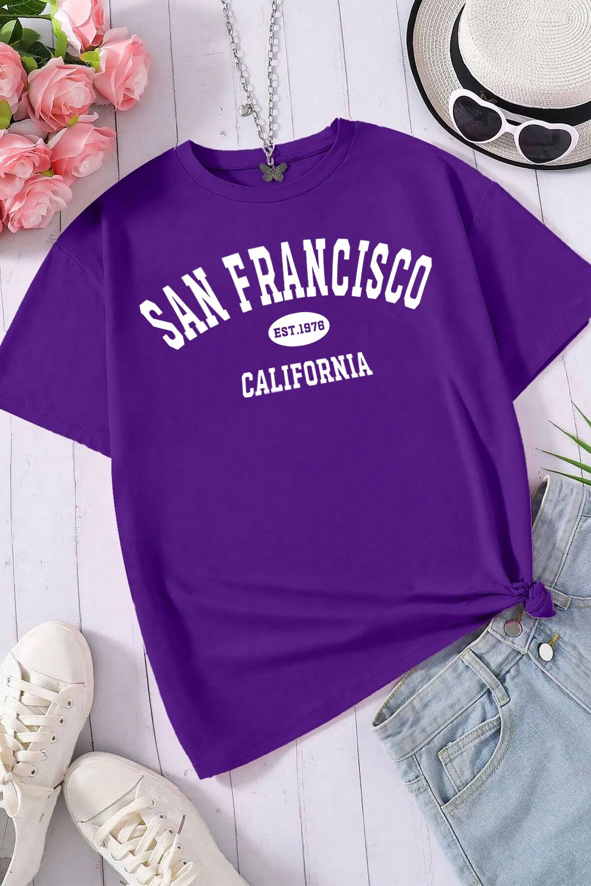 memowear Unisex San Fransisco Baskılı Rahat Kesim Mor T-Shirt