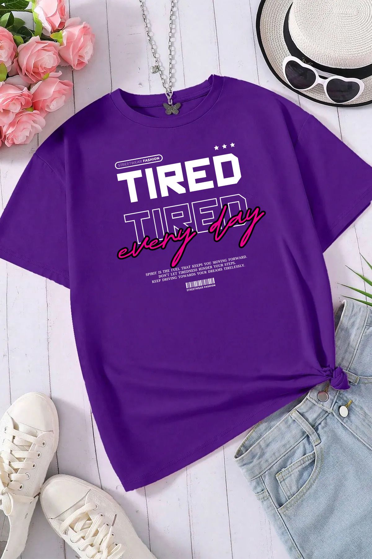qavnas Unisex Tired Baskılı Rahat Kesim Mor T-Shirt