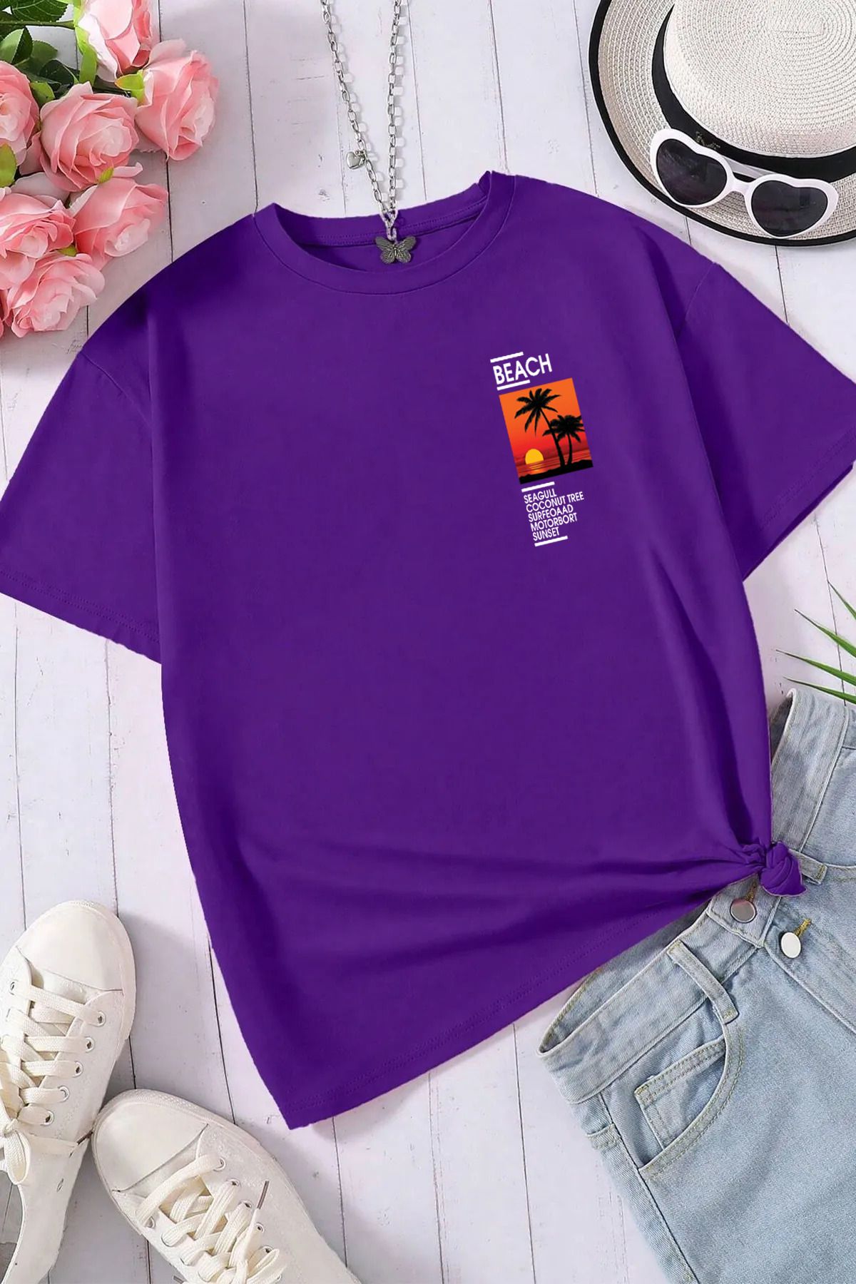 qavnas Unisex Beach Gün Batımı Baskılı Rahat Kesim Mor T-Shirt