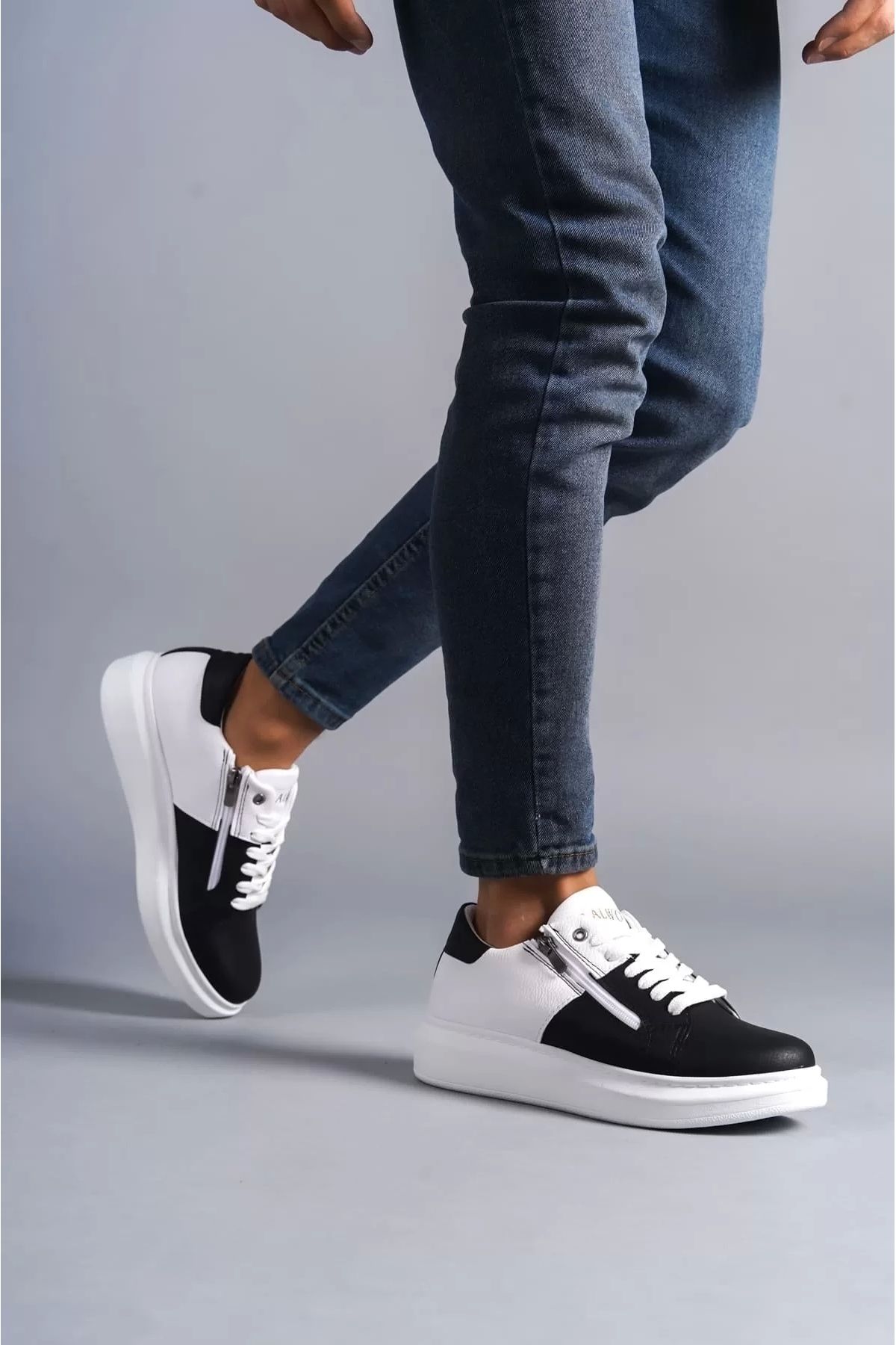 BİCANS SLW155 Warrior Bağcıklı ve Fermuarlı Cilt Erkek Günlük Sneaker Ayakkabı CBT - Beyaz/Siyah
