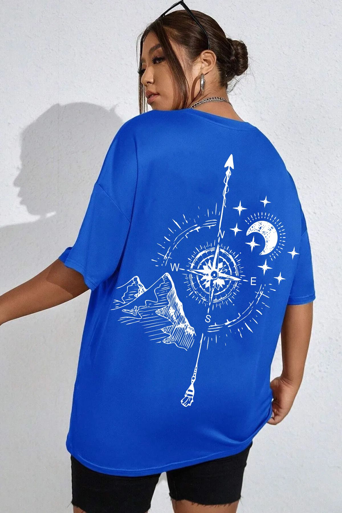 qavnas Unisex Pusula detay Baskılı Rahat Kesim Sax-Mavi T-Shirt