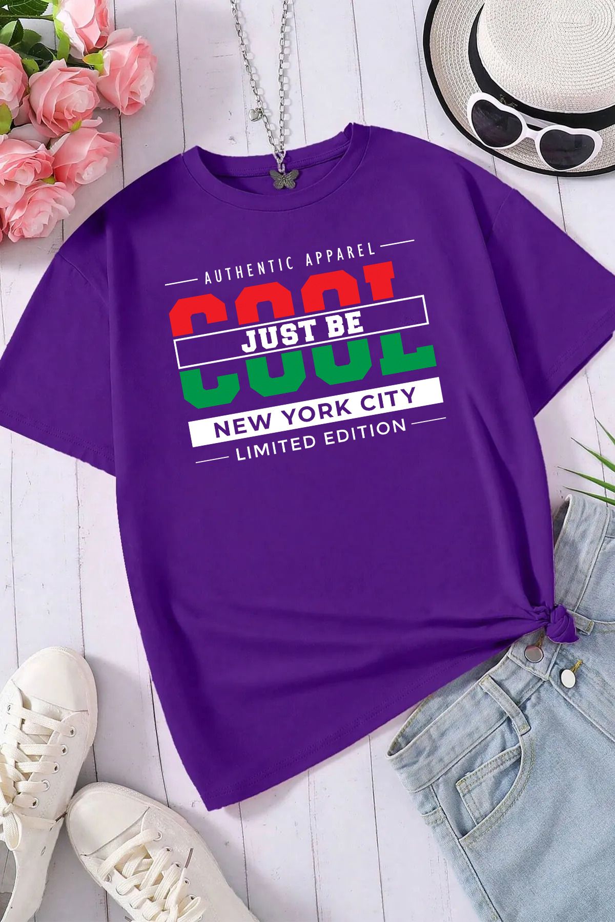 qavnas Unisex Cool Just Be Baskılı Rahat Kesim Mor T-Shirt