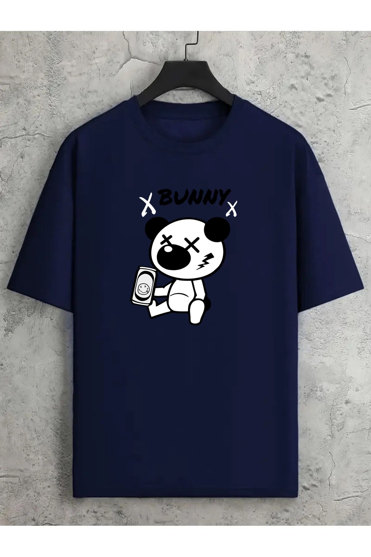 qavnas Unisex Bunny Baskılı Rahat Kesim Lacivert T-Shirt