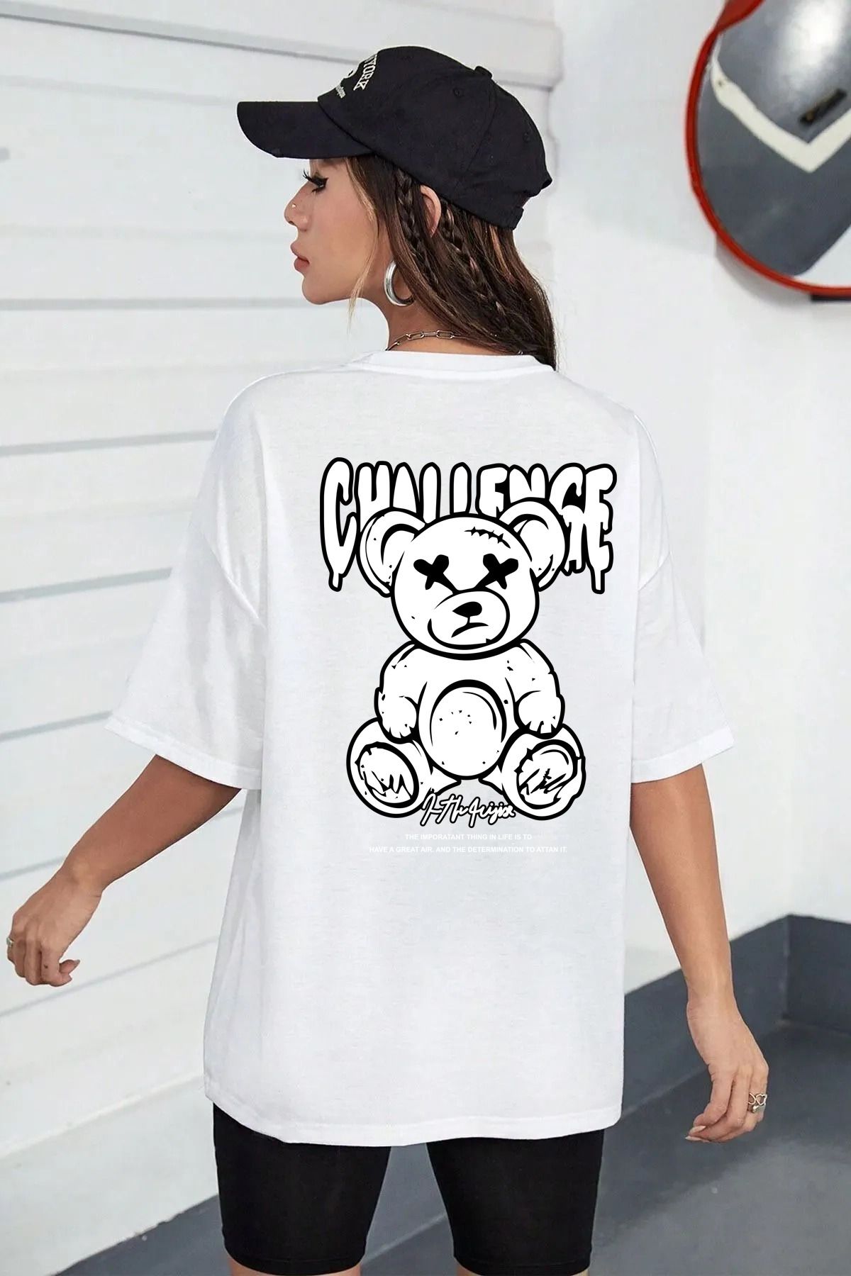 qavnas Unisex Challenge Bear Baskılı Rahat Kesim Beyaz T-Shirt
