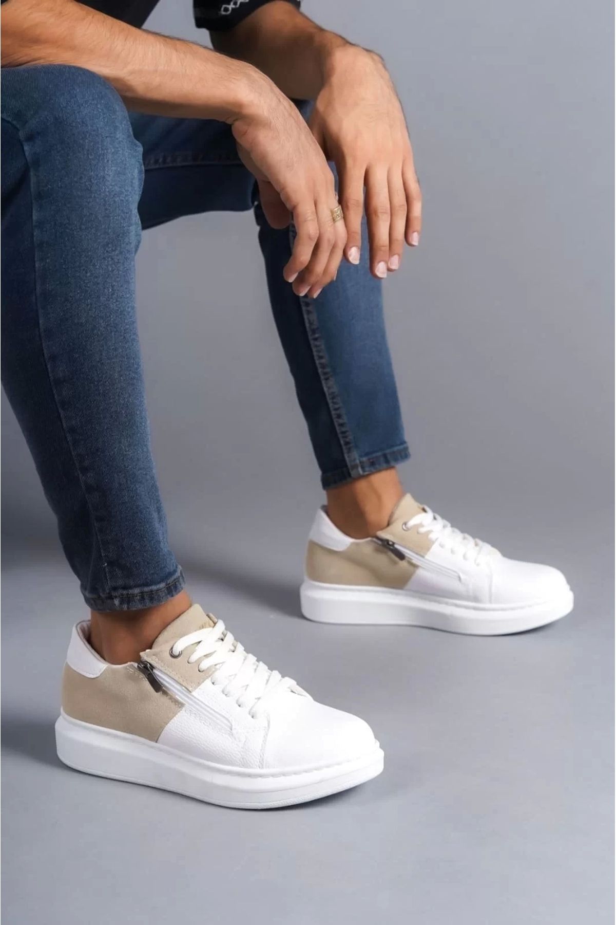 BİCANS SLW155 Warrior Bağcıklı ve Fermuarlı Cilt Süet Erkek Günlük Sneaker Ayakkabı CSBT - Beyaz/Krem