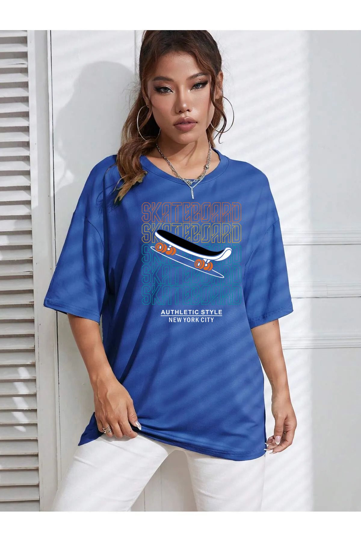 qavnas Unisex Skate Baskılı Rahat Kesim Sax-Mavi T-Shirt