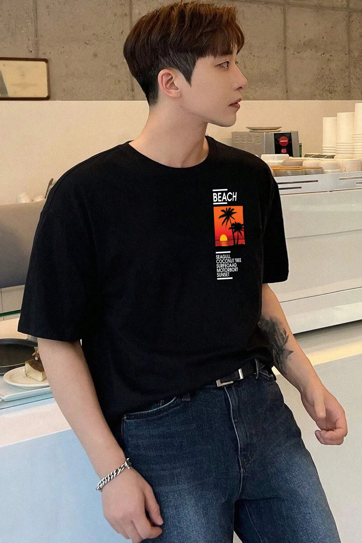 halowear Unisex Beach Gün Batımı Baskılı Rahat Kesim Siyah T-Shirt