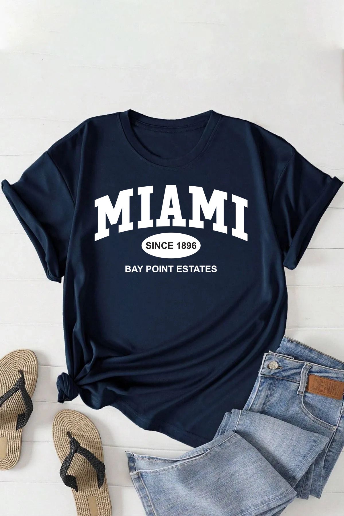 qavnas Unisex Miami Baskılı Rahat Kesim Lacivert T-Shirt