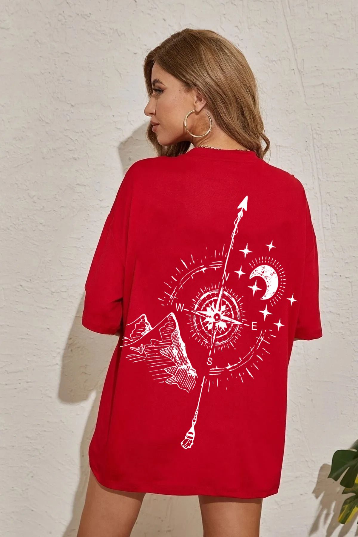 qavnas Unisex Pusula detay Baskılı Rahat Kesim Kırmızı T-Shirt