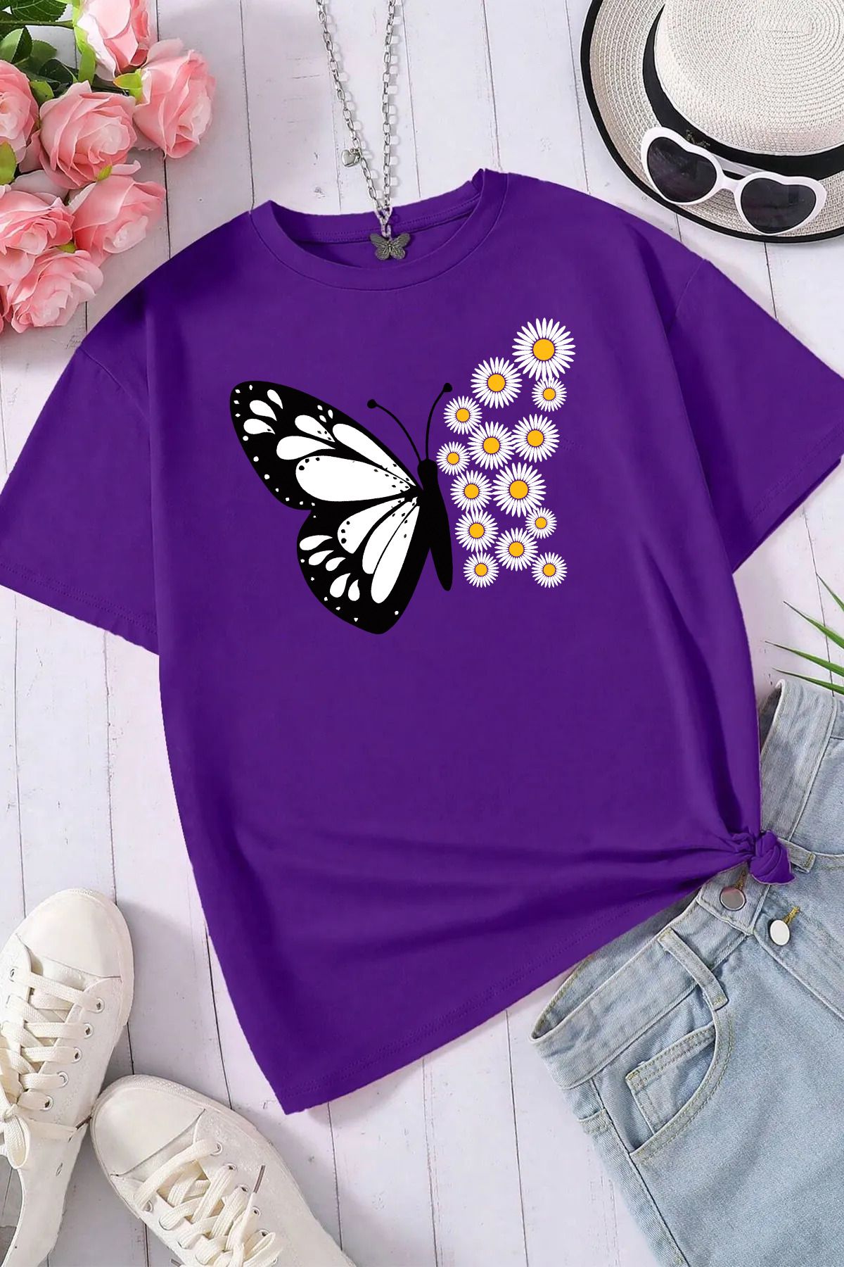 memowear Unisex Papatya Kelebek Baskılı Rahat Kesim Mor T-Shirt