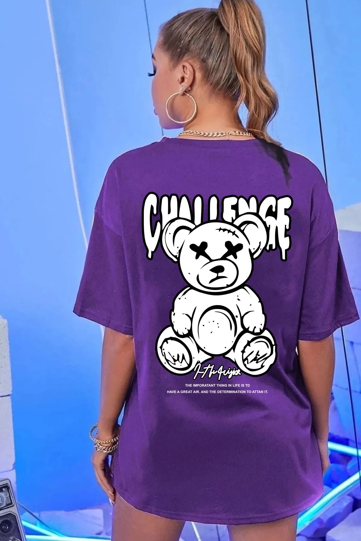 qavnas Unisex Challenge Bear Baskılı Rahat Kesim Mor T-Shirt